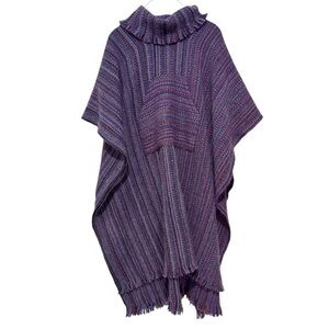 Purple Striped Wool Poncho w/ Pouch Pocket